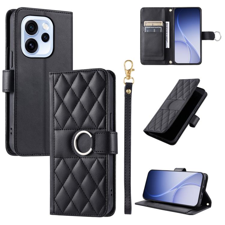 Black leather phone case with rhombus quilt, ring buckle, and wrist strap