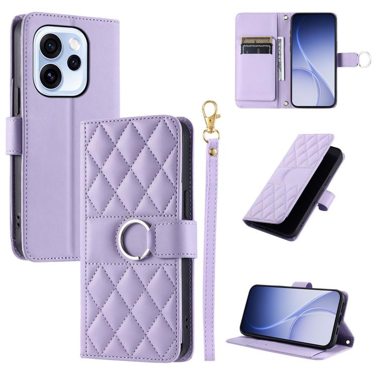 Lavender leather phone case with rhombus quilt, ring buckle, and wrist strap