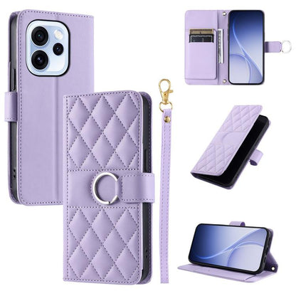 Lavender leather phone case with rhombus quilt, ring buckle, and wrist strap