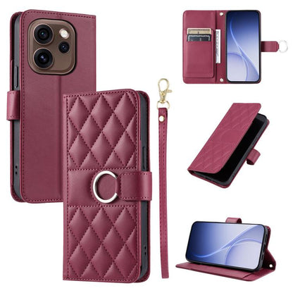 Burgundy leather phone case with rhombus quilt, ring buckle, and wrist strap