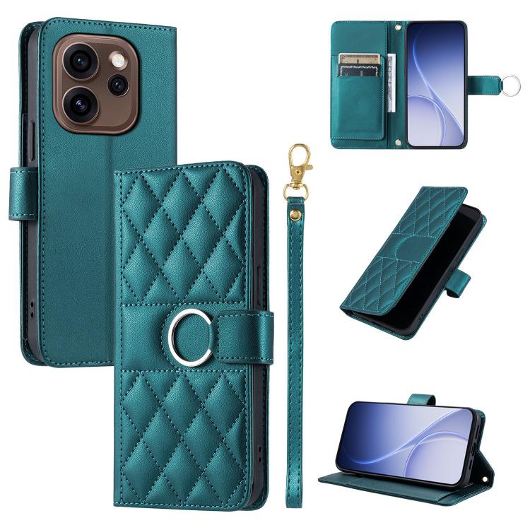 Teal leather phone case with rhombus quilt, ring buckle, and wrist strap