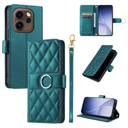 Teal leather phone case with rhombus quilt, ring buckle, and wrist strap