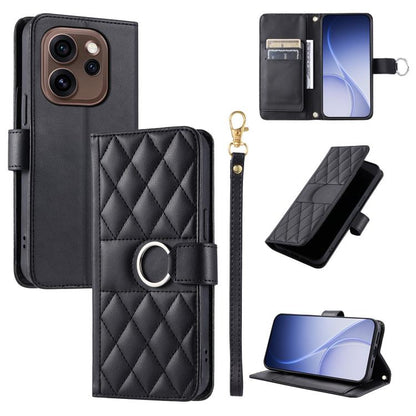 Black leather phone case with rhombus quilt, ring buckle, and wrist strap
