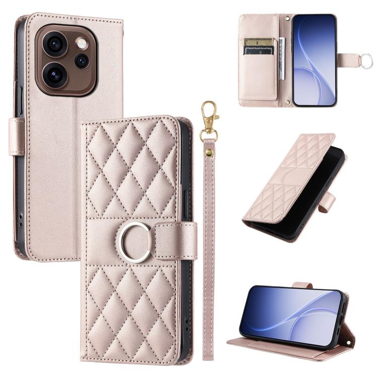 Light rose leather phone case with rhombus quilt, ring buckle, and wrist strap
