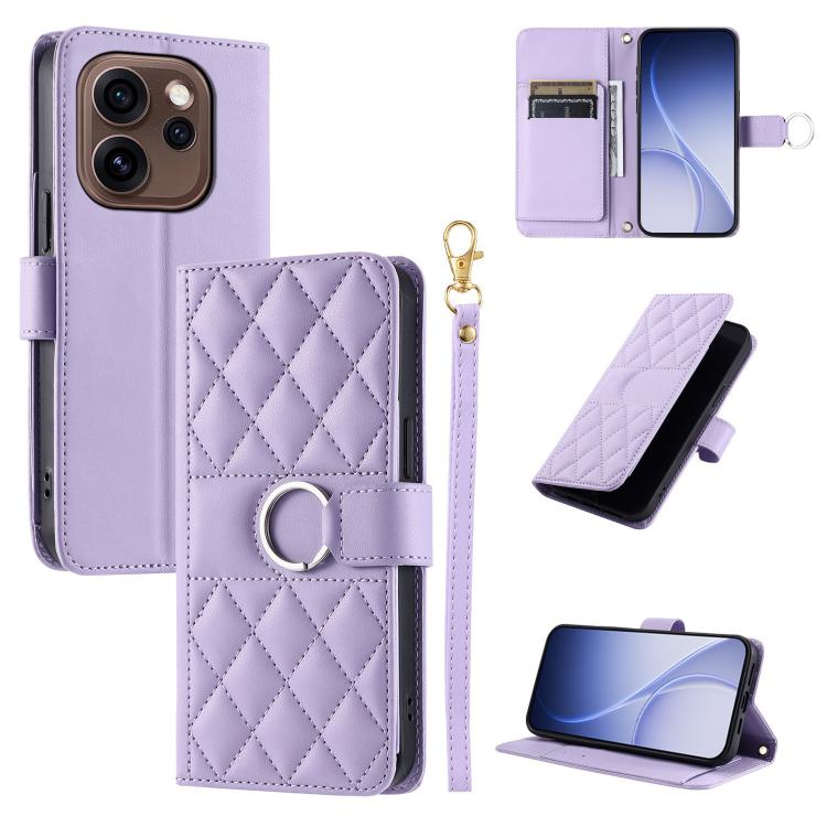 Purple rhombic quilt leather phone wallet case with ring buckle and wrist strap