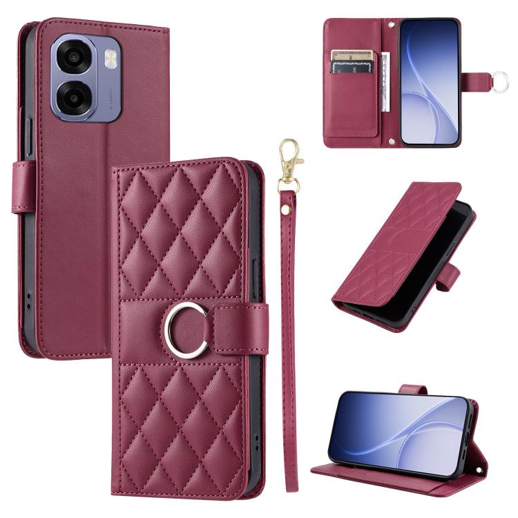Rhombic quilt leather phone case with ring buckle, folio cover, and wrist strap in maroon