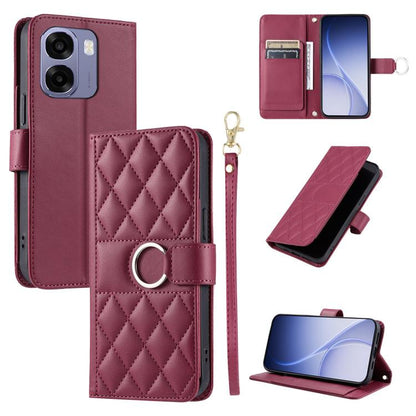 Rhombic quilt leather phone case with ring buckle, folio cover, and wrist strap in maroon