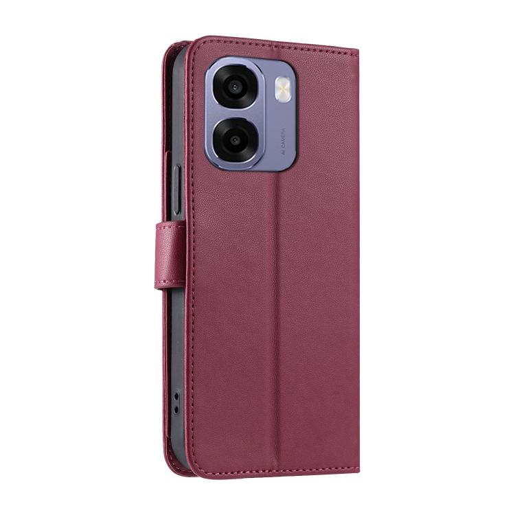 Maroon folio leather phone case with rhombic quilt cover and ring buckle, rear camera cutouts