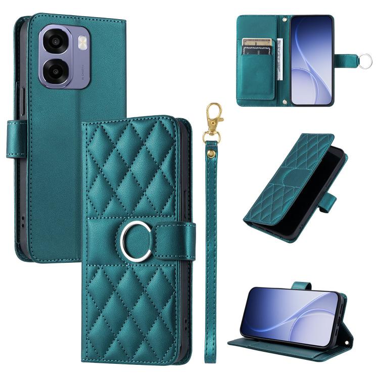 Teal rhombic quilt leather phone case with ring buckle, folio cover, and wrist strap