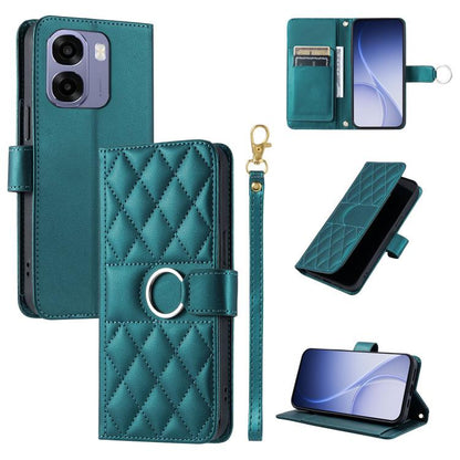 Teal rhombic quilt leather phone case with ring buckle, folio cover, and wrist strap