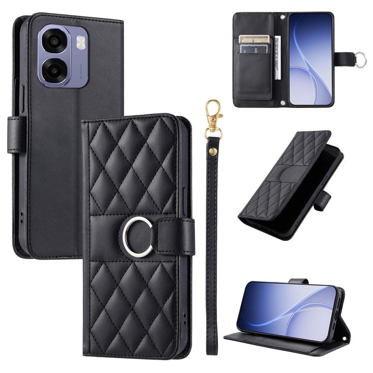 Black rhombic quilt leather phone case with ring buckle, folio cover, and wrist strap