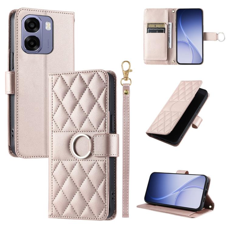 Light pink rhombic quilt leather phone case with ring buckle, folio cover, and wrist strap