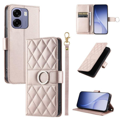 Light pink rhombic quilt leather phone case with ring buckle, folio cover, and wrist strap