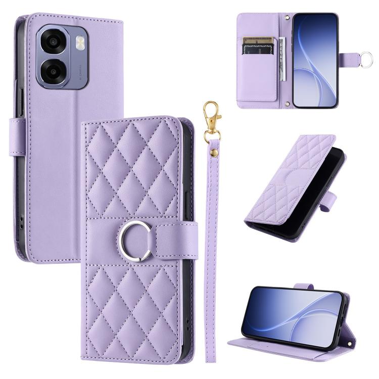 Lavender leather phone case with rhombus quilt, ring buckle, and wrist strap