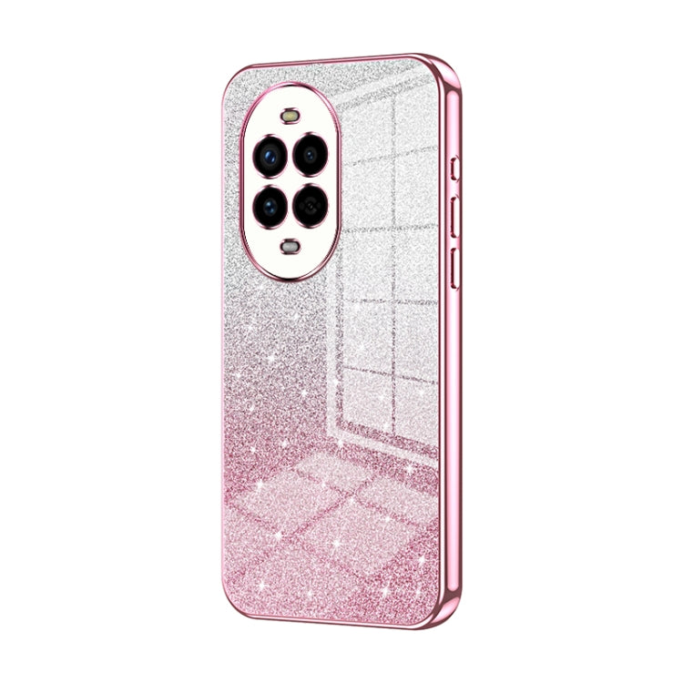 Pink glitter phone case with transparent back and cutouts for dual cameras