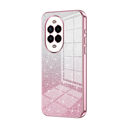 Pink glitter phone case with transparent back and cutouts for dual cameras