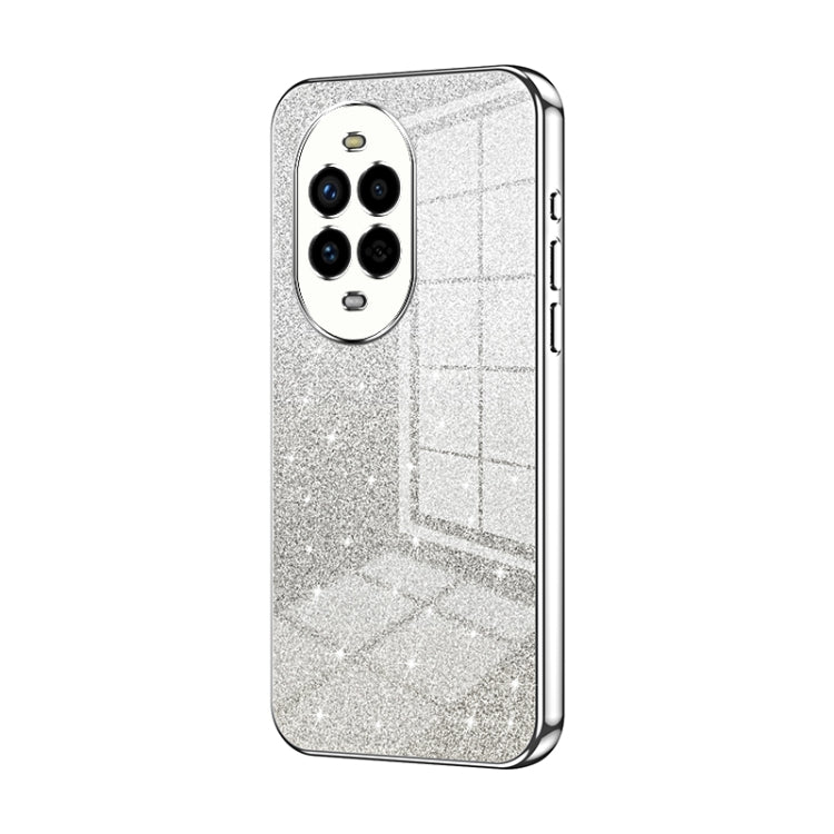Silver glitter phone case with transparent back and dual camera cutouts, chrome edges