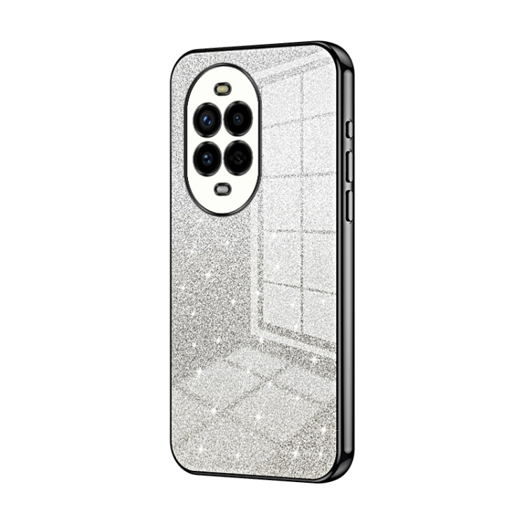 Silver glitter phone case with transparent back and dual camera cutouts, black edges