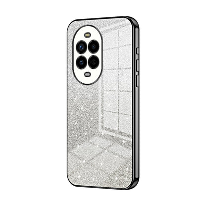 Silver glitter phone case with transparent back and dual camera cutouts, black edges