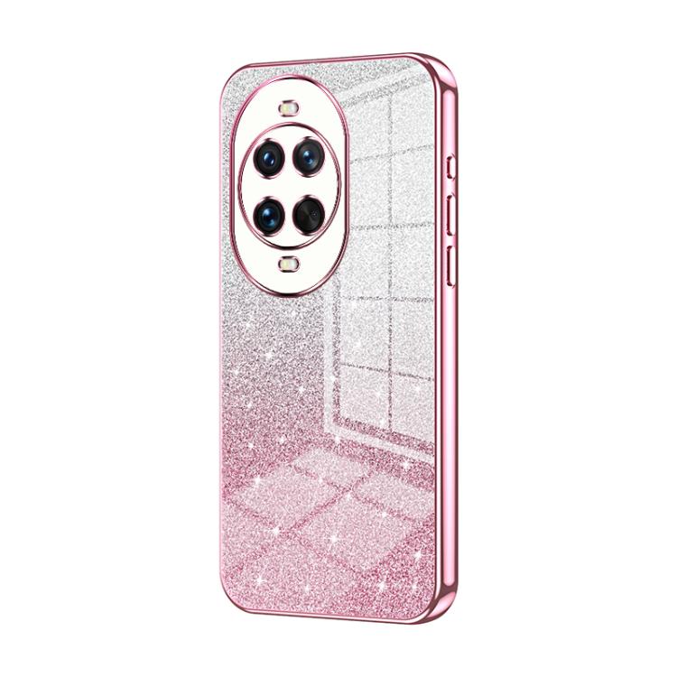 Pink glitter electroplated phone case with 3-camera cutouts and textured back