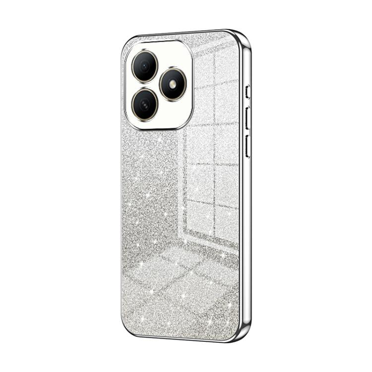 Silver glitter electroplated phone case with 3-camera cutouts and textured back