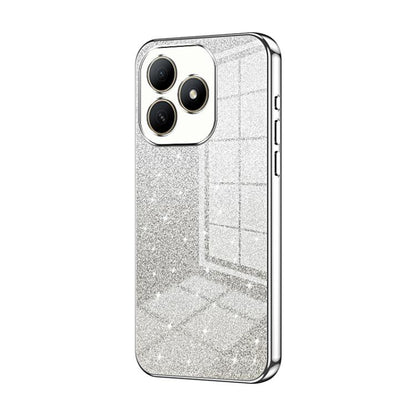 Silver glitter electroplated phone case with 3-camera cutouts and textured back