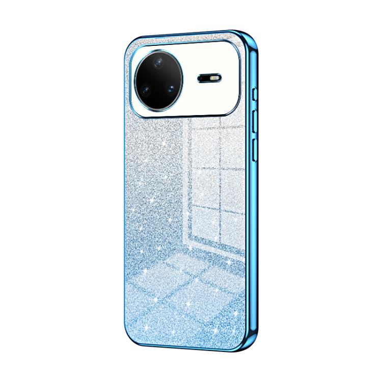 Glitter phone case with blue electroplated frame and silver sparkle finish