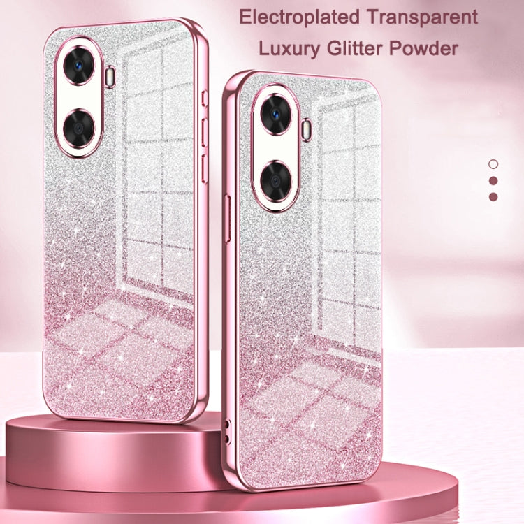 Pink glitter phone case with transparent back shown alongside another matching case