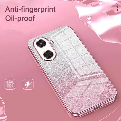 Rose-pink glitter phone case with transparent back and dual camera cutouts