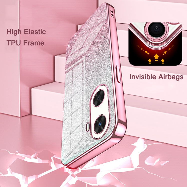 Pink glitter gradient phone case side view with dual camera openings and raised edges