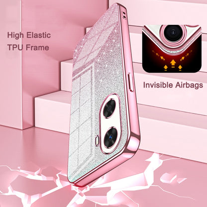 Pink glitter gradient phone case side view with dual camera openings and raised edges