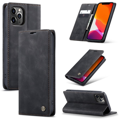 Black leather flip phone wallet case with stitched edges and card slot holder