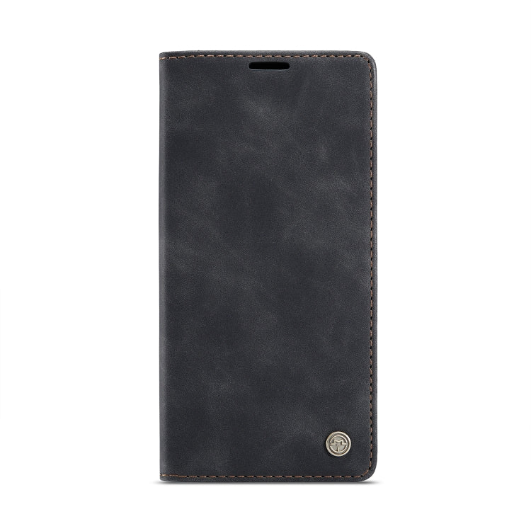 Black leather phone case wallet with top cutout and stitched border, back view