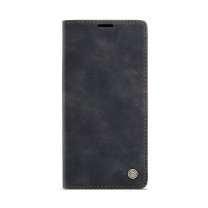 Black leather phone case wallet with top cutout and stitched border, back view