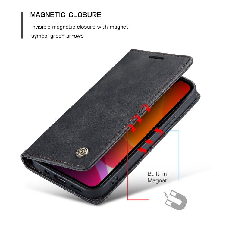 Black leather flip phone wallet case with magnetic closure and built-in alignment mark