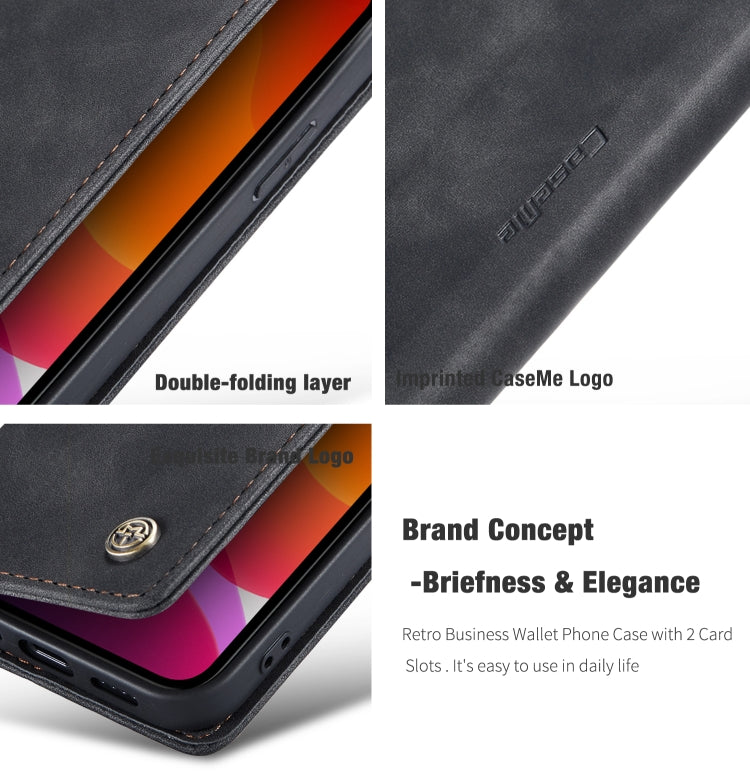 Close-up black leather flip wallet case with double-fold seam and embossed branding