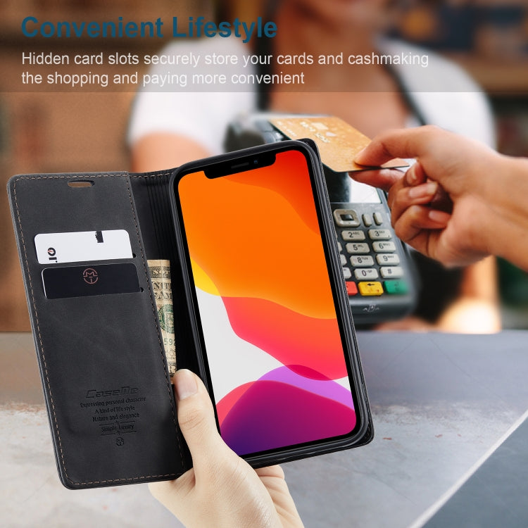 Black leather flip phone wallet case with card slots, hand inserting a card