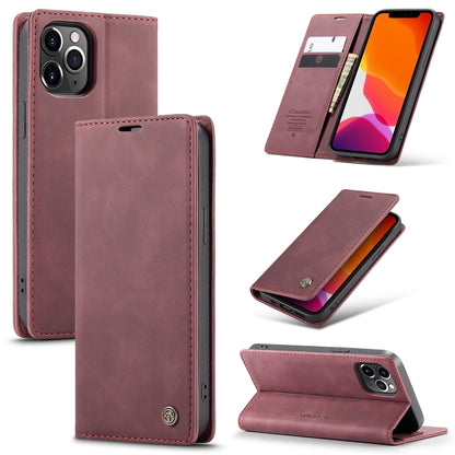 Wine red leather flip phone case with card slot and kickstand for viewing