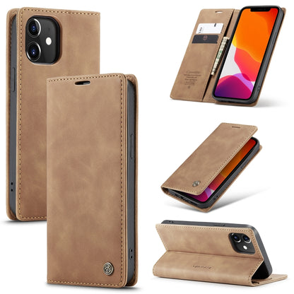Beige leather flip phone case with card slot and stand, visible camera cutout