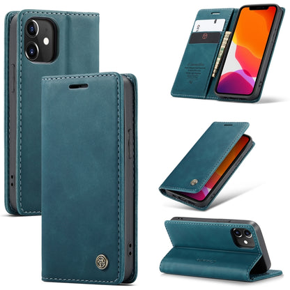Teal leather flip phone case with card slot and stand, stitched edges, camera cutout