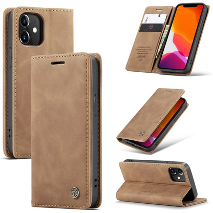 Tan leather flip phone case with card slot and stand, camera cutout