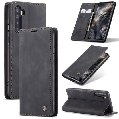 Dark gray leather flip phone case with card slot and stand, camera cutout