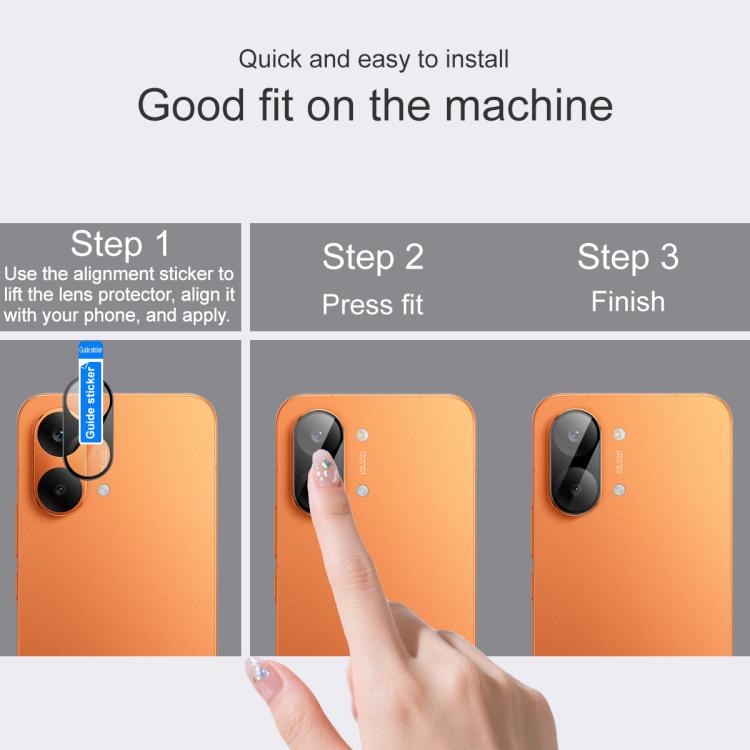 Camera lens glass film installation steps showing alignment and pressing