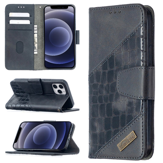 Dark blue PU leather flip wallet phone case with crocodile texture, card slots and holder