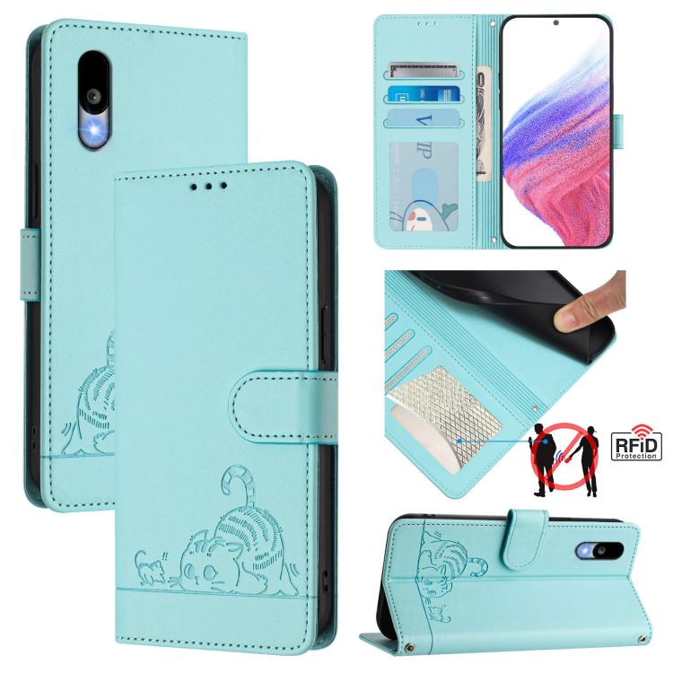 Cat Rat Embossed Pattern RFID Leather Phone Case with Lanyard, For Sharp Aquos wish6, For Sharp Aquos R11, For Sharp Aquos Sense10, For Sharp Basio Active 3, For Sharp Aquos Sense9 Plus, For Sharp Aquos Sense9, For Sharp Aquos R9 Pro                   ...