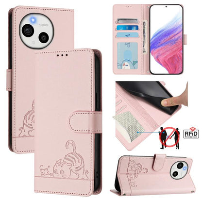 Cat Rat Embossed Pattern RFID Leather Phone Case with Lanyard, For Sharp Aquos wish6, For Sharp Aquos R11, For Sharp Aquos Sense10, For Sharp Basio Active 3, For Sharp Aquos Sense9 Plus, For Sharp Aquos Sense9, For Sharp Aquos R9 Pro                   ...