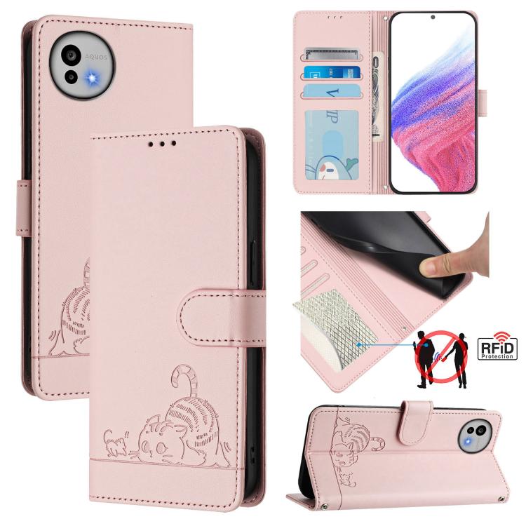 Cat Rat Embossed Pattern RFID Leather Phone Case with Lanyard, For Sharp Aquos wish6, For Sharp Aquos R11, For Sharp Aquos Sense10, For Sharp Basio Active 3, For Sharp Aquos Sense9 Plus, For Sharp Aquos Sense9, For Sharp Aquos R9 Pro                   ...