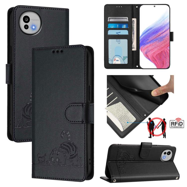 Cat Rat Embossed Pattern RFID Leather Phone Case with Lanyard, For Sharp Aquos wish6, For Sharp Aquos R11, For Sharp Aquos Sense10, For Sharp Basio Active 3, For Sharp Aquos Sense9 Plus, For Sharp Aquos Sense9, For Sharp Aquos R9 Pro                   ...
