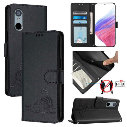 Cat Rat Embossed Pattern RFID Leather Phone Case with Lanyard, For Sharp Aquos wish6, For Sharp Aquos R11, For Sharp Aquos Sense10, For Sharp Basio Active 3, For Sharp Aquos Sense9 Plus, For Sharp Aquos Sense9, For Sharp Aquos R9 Pro                   ...