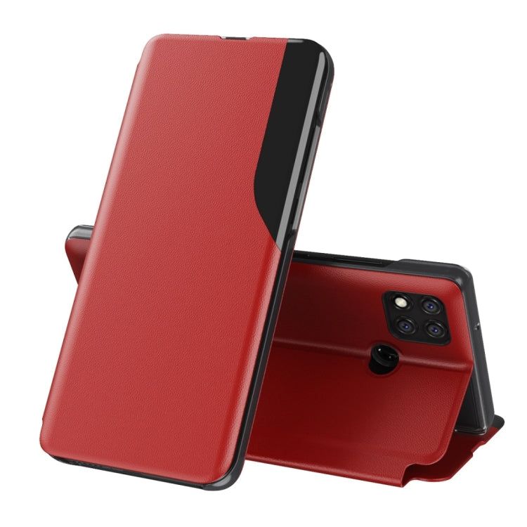 Red leather flip phone case with stand; covers front and back of smartphone